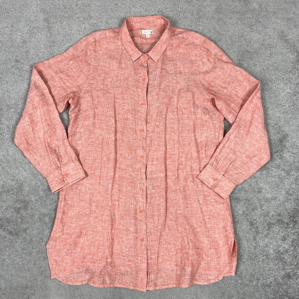 Garnet Hill Shirt Dress Womens Medium Orange 100% Linen Tunic Long Sleeve